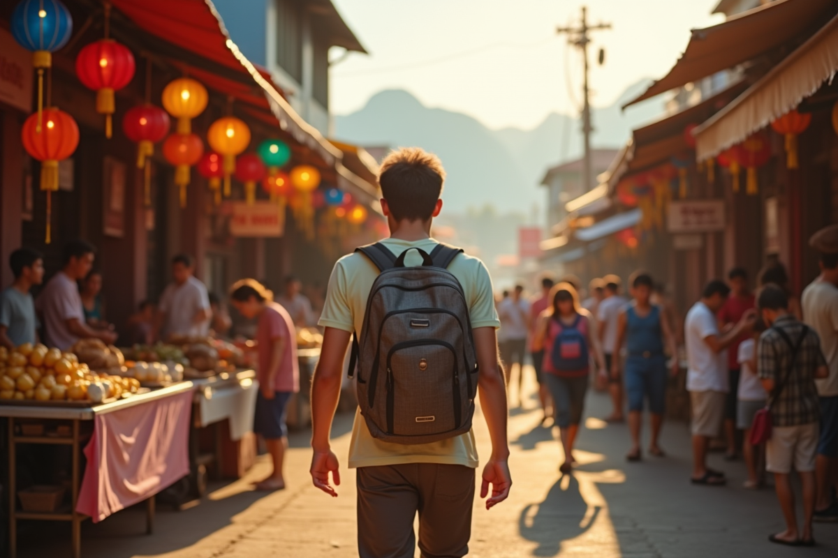 Jeune randonneur dans un marché coloré en Asie du Sud-Est