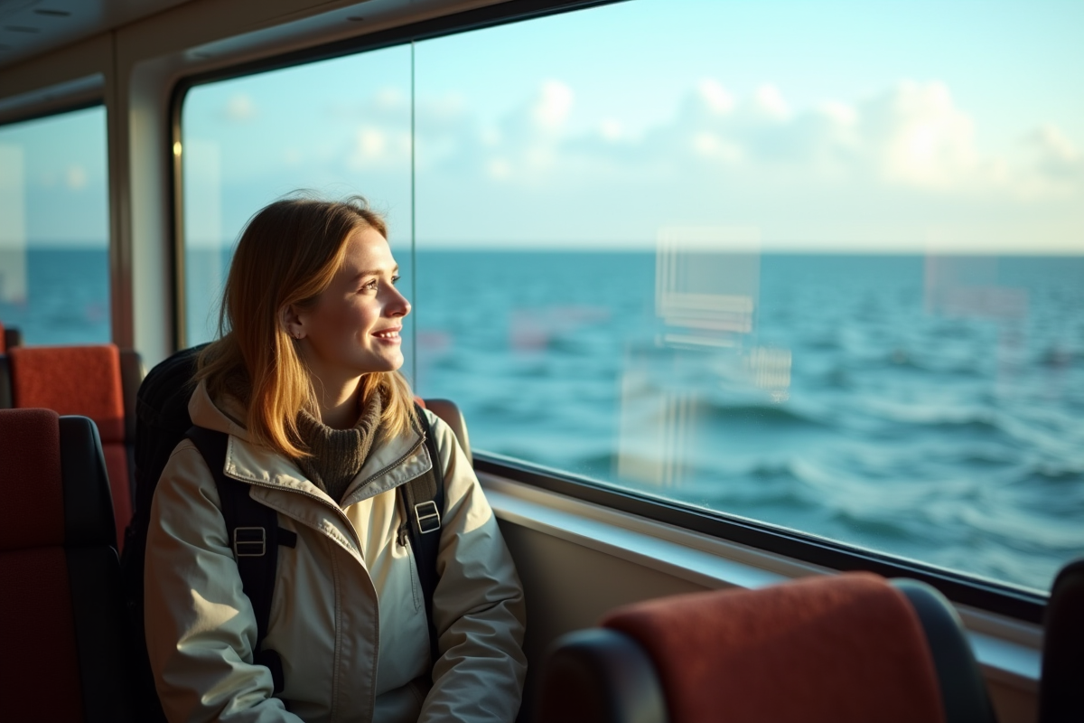 Jeune voyageuse assise près de la fenêtre du ferry