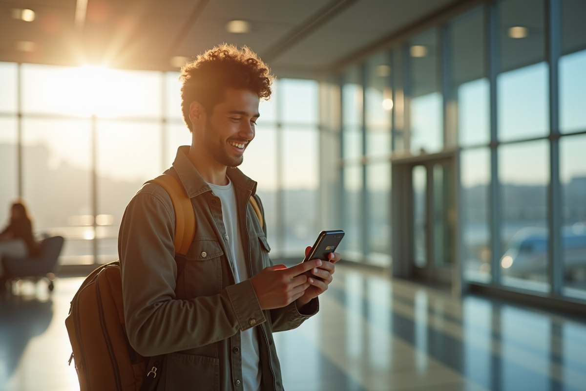 Jeune voyageur dans un aéroport moderne souriant avec pass digital
