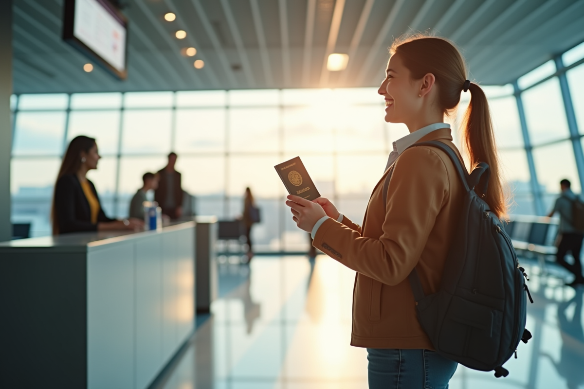 Jeune voyageur vérifiant son passeport à l'aéroport