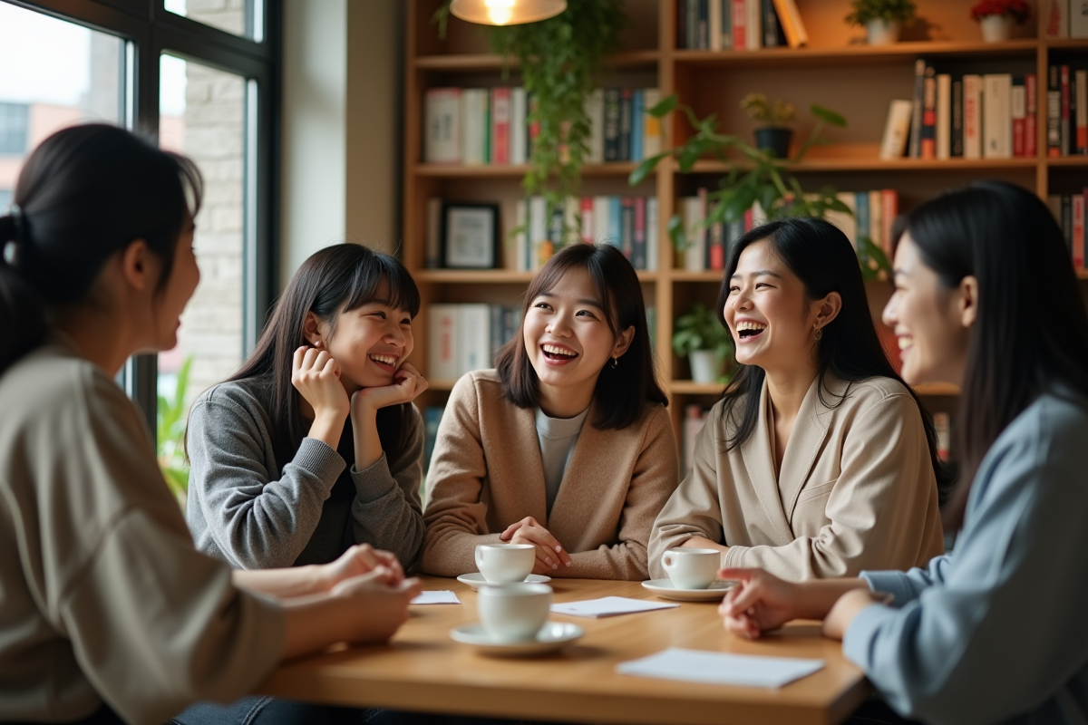 Jeunes japonais discutant dans un café moderne
