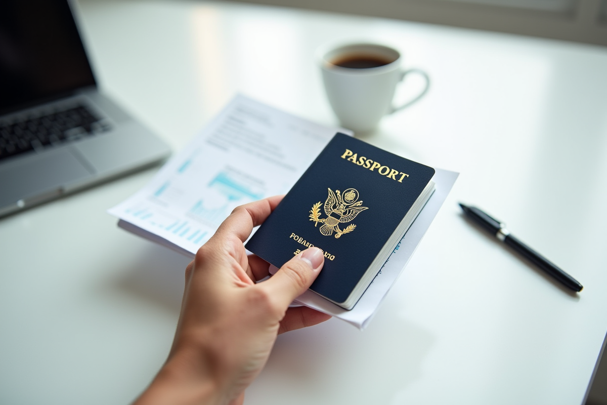 Main tenant un passeport ouvert sur un bureau lumineux