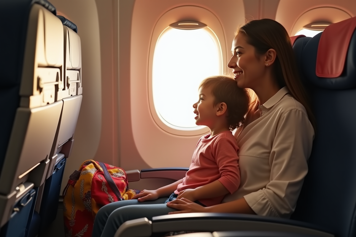 Maman et son enfant regardant par la fenetre d'avion