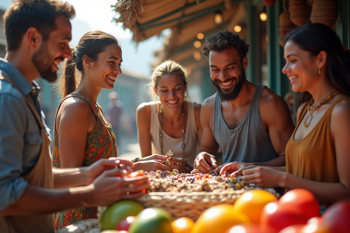 Groupe de voyageurs achetant des produits locaux au marche