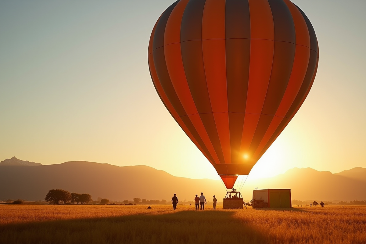 Montgolfière en préparation au lever du soleil avec équipe de sécurité