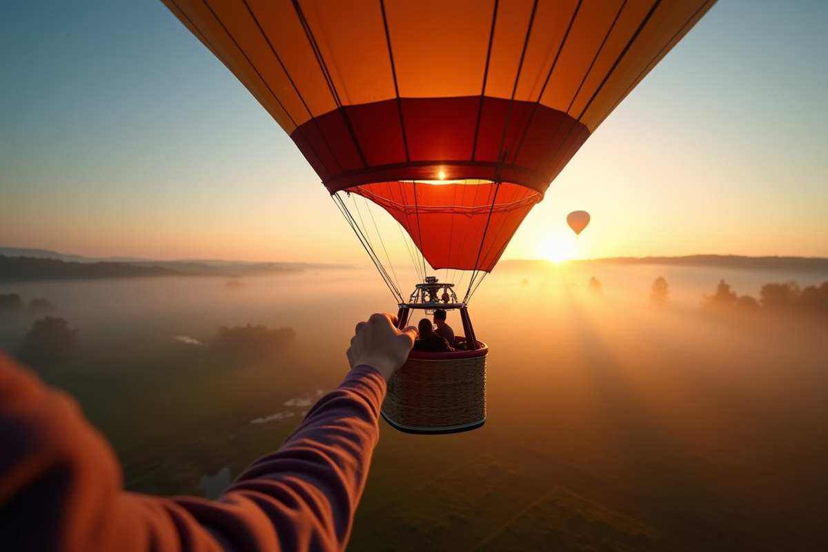 Montgolfiere au lever du soleil sur la campagne