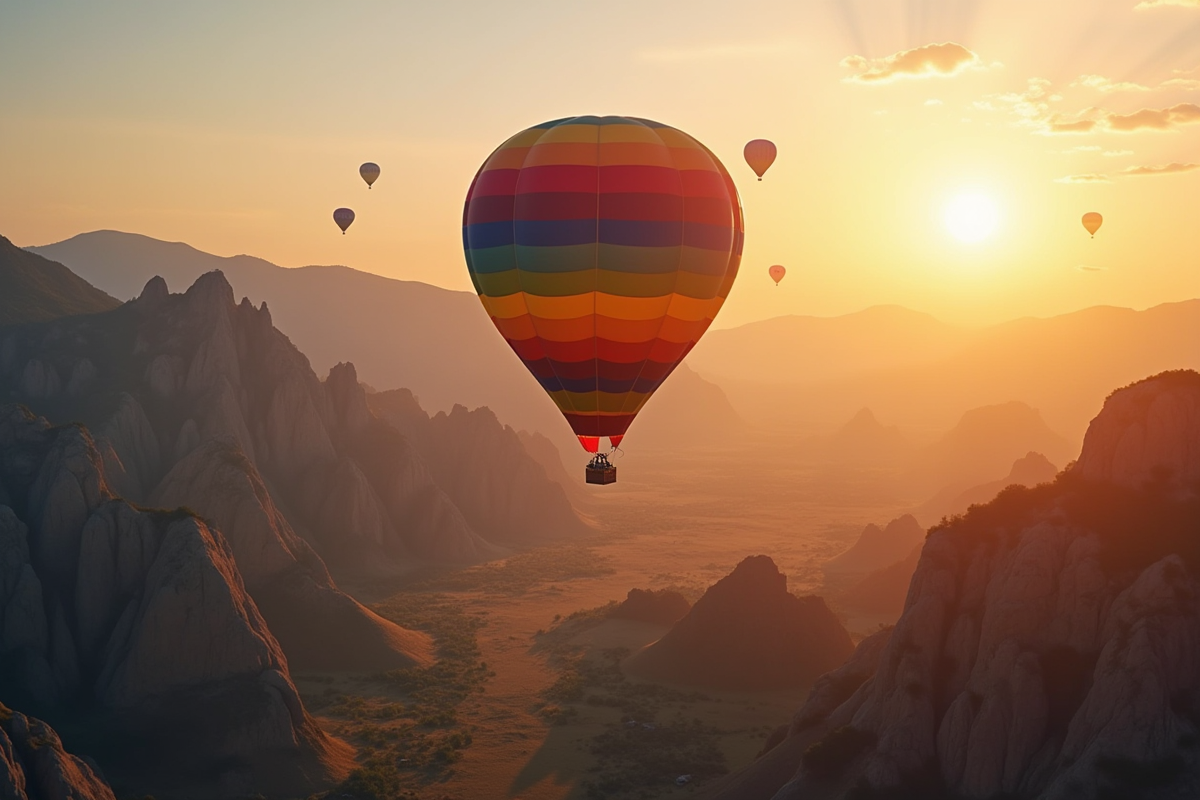 Montgolfiere survolant des montagnes au coucher du soleil