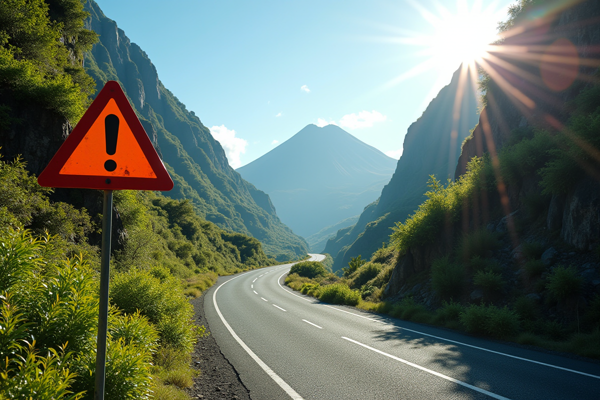Panneau d'avertissement à l'entrée d'une route de montagne à La Réunion