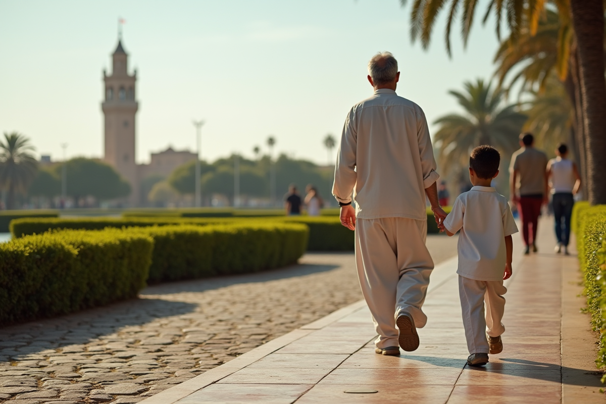 Père et fils devant le jardin de la Hassan Tower à Rabat