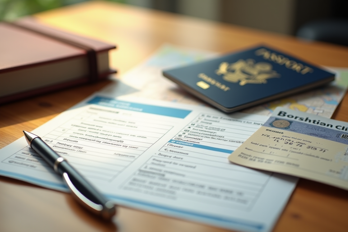 Documents de voyage organisés sur une table en bois