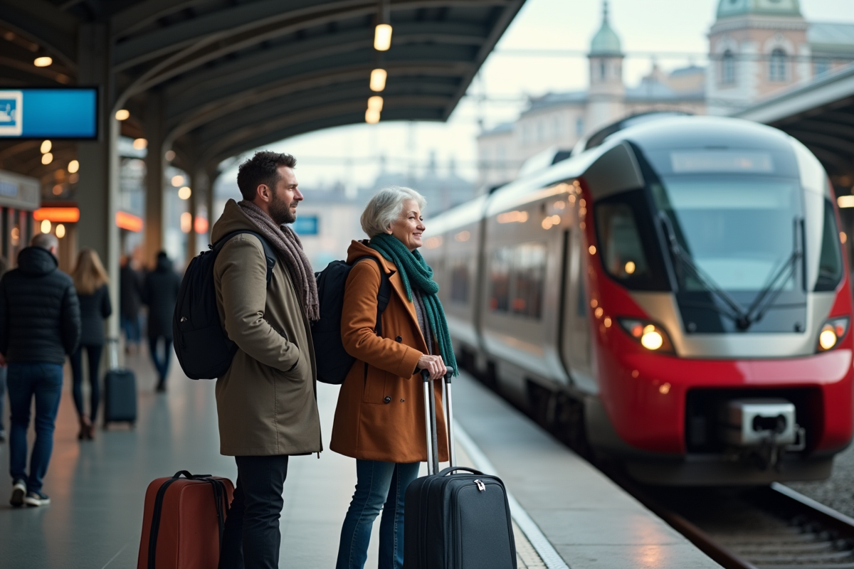 Groupe de voyageurs sur une plateforme de gare moderne