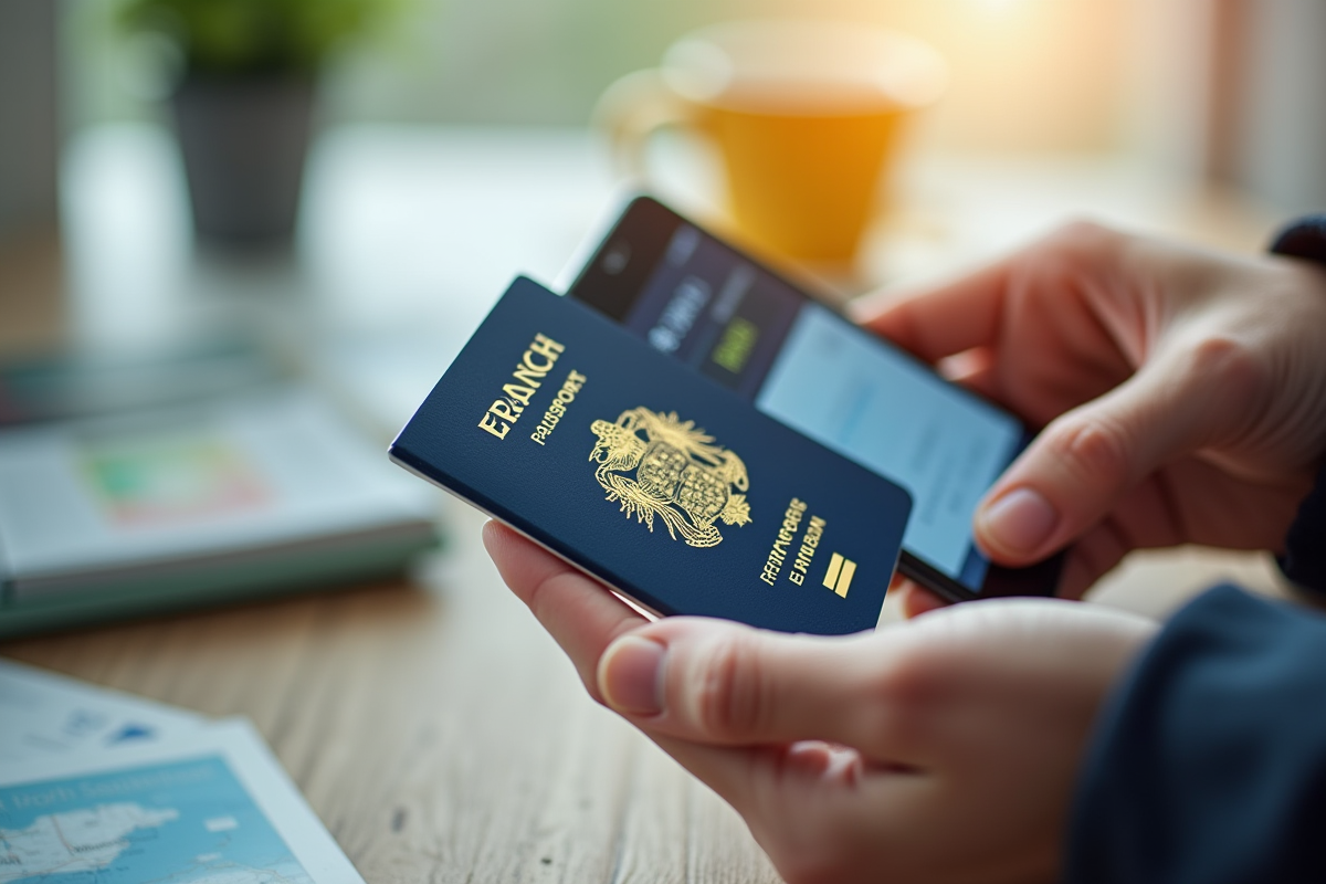 Mains tenant un passeport français et un smartphone avec calendrier