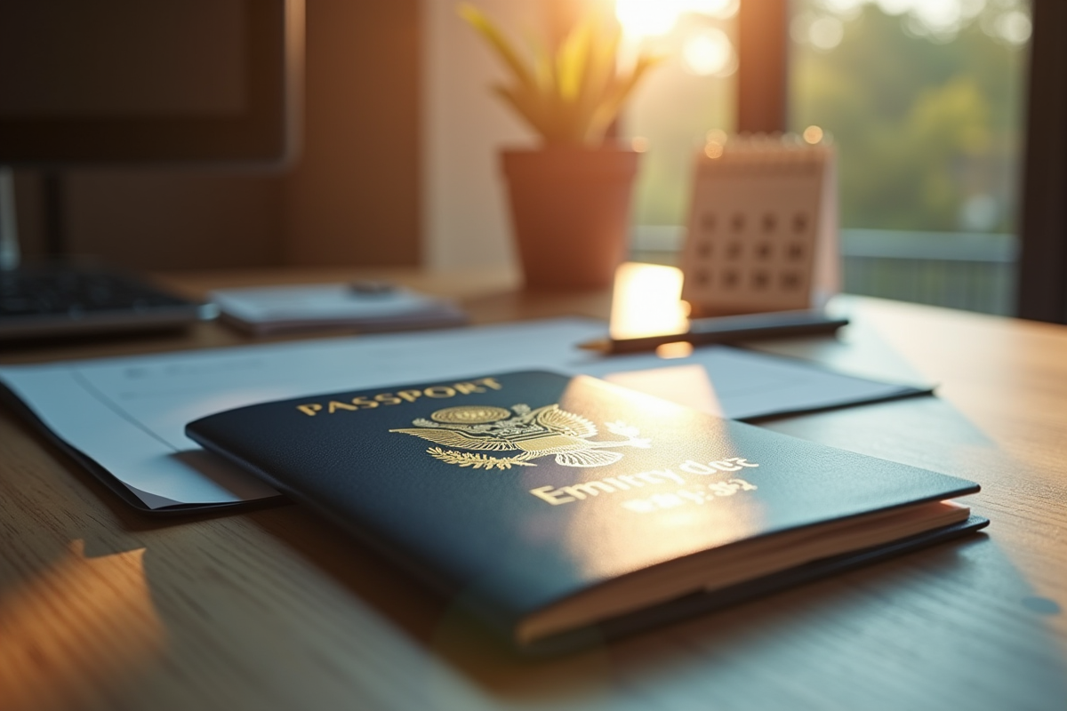 Passeport moderne sur un bureau en bois avec calendrier et stylo
