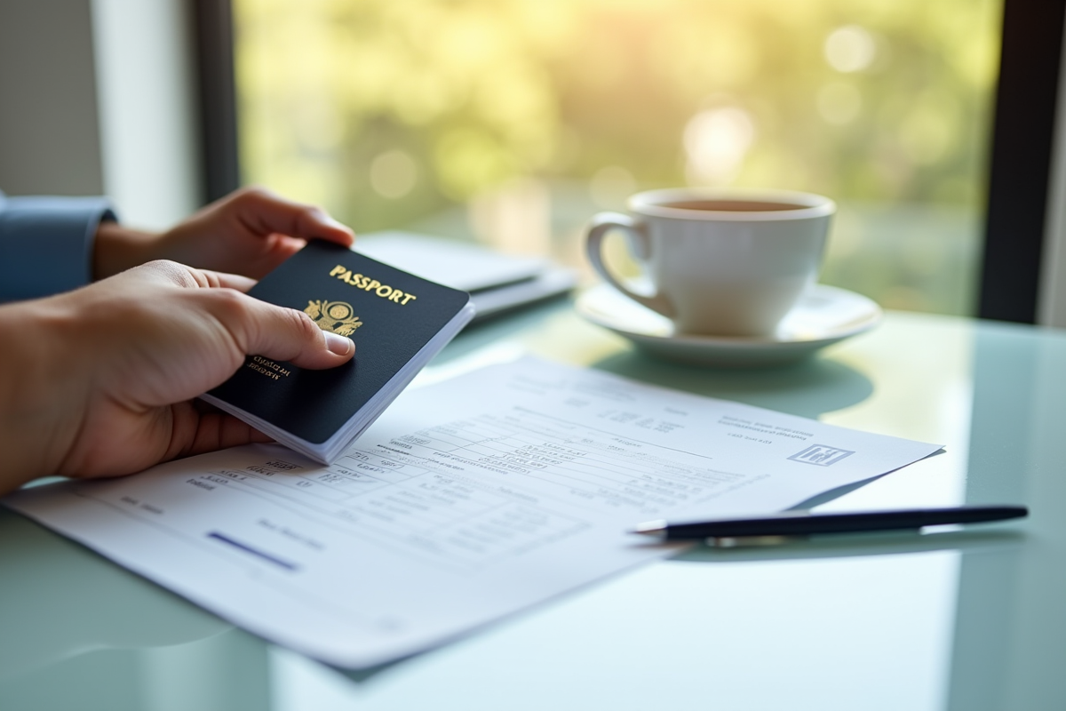 Main tenant un passeport ouvert avec relevés bancaires sur un bureau lumineux