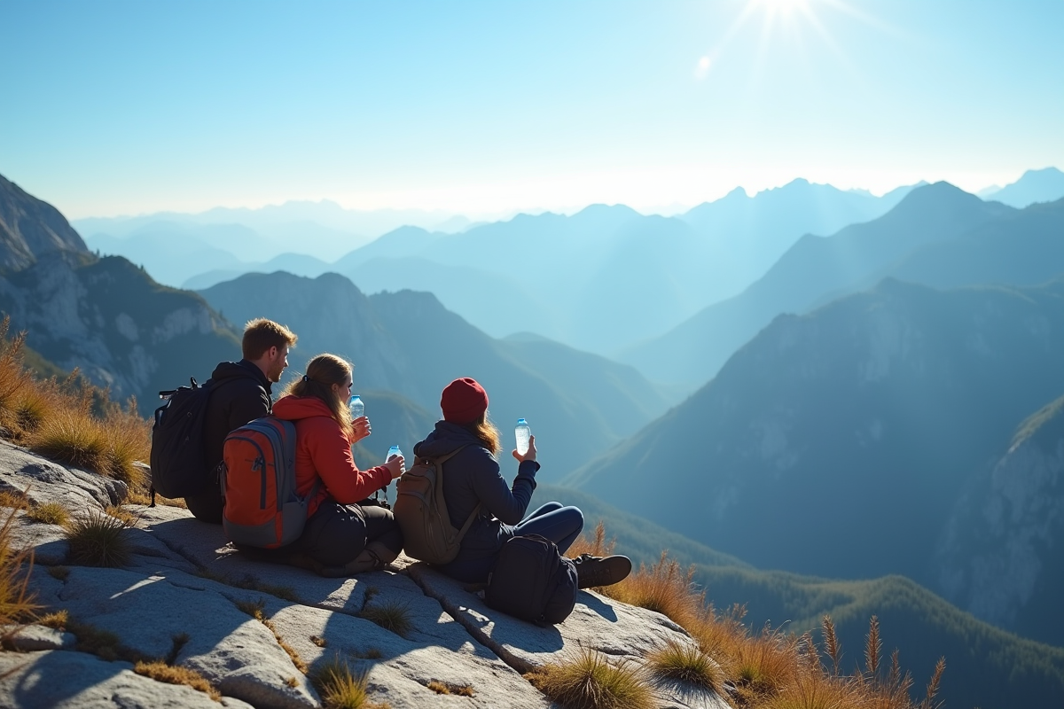 Groupe de randonneurs reposant sur une crête avec vue panoramique