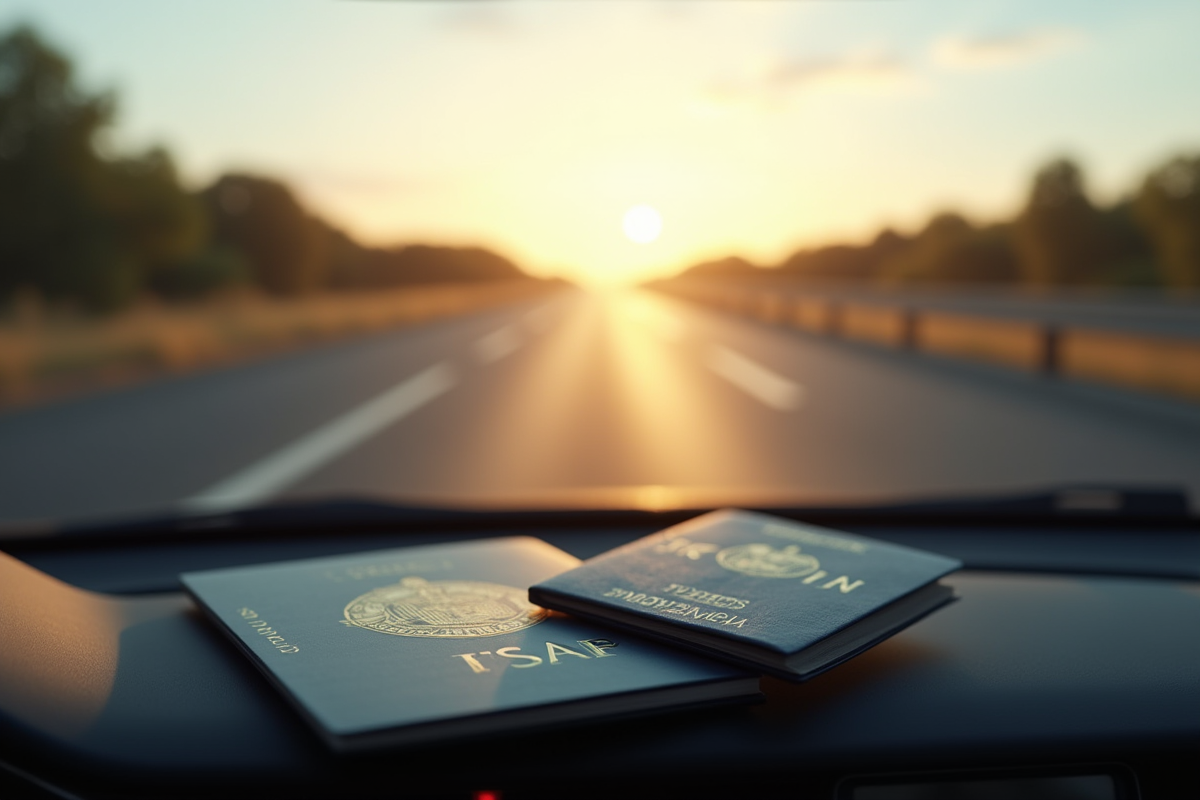 Permis de conduire international et passeport sur le tableau de bord