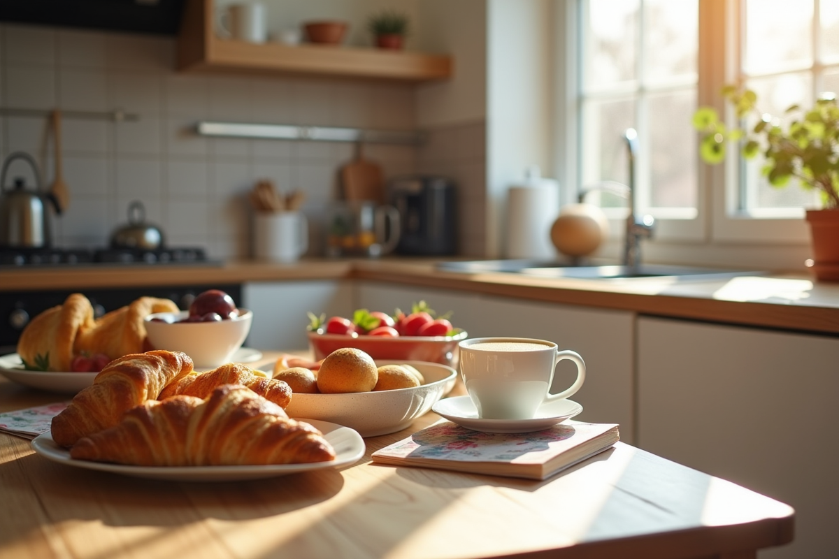 Hôte préparant un petit déjeuner dans une cuisine lumineuse