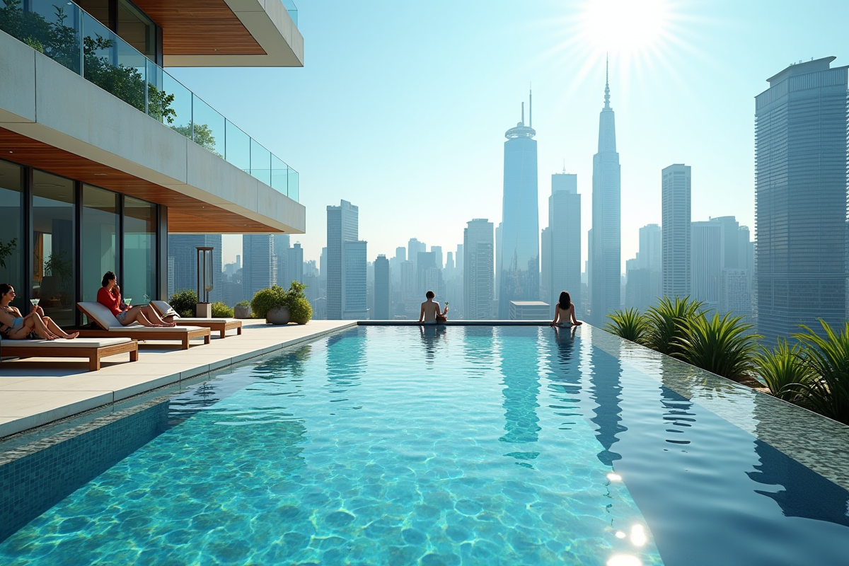 Piscine à débordement avec vue sur la skyline urbaine moderne
