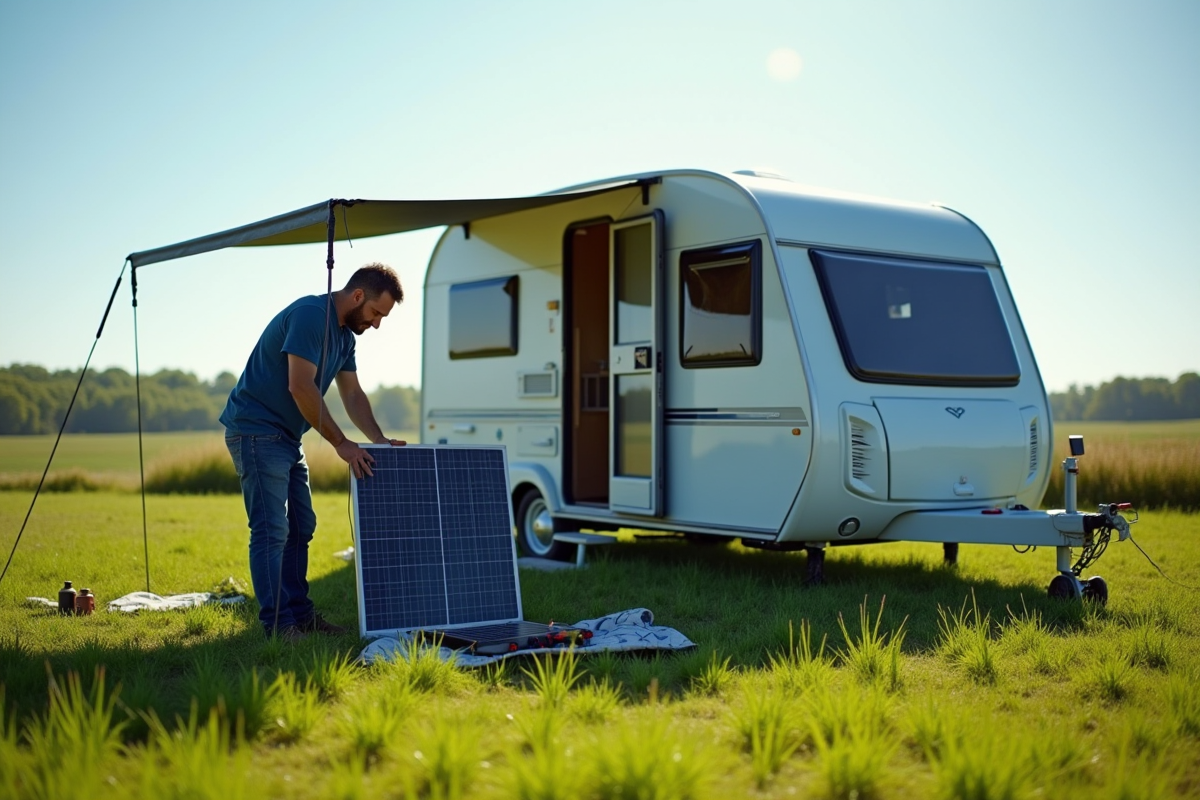 Homme installe panneau solaire portable à côté d