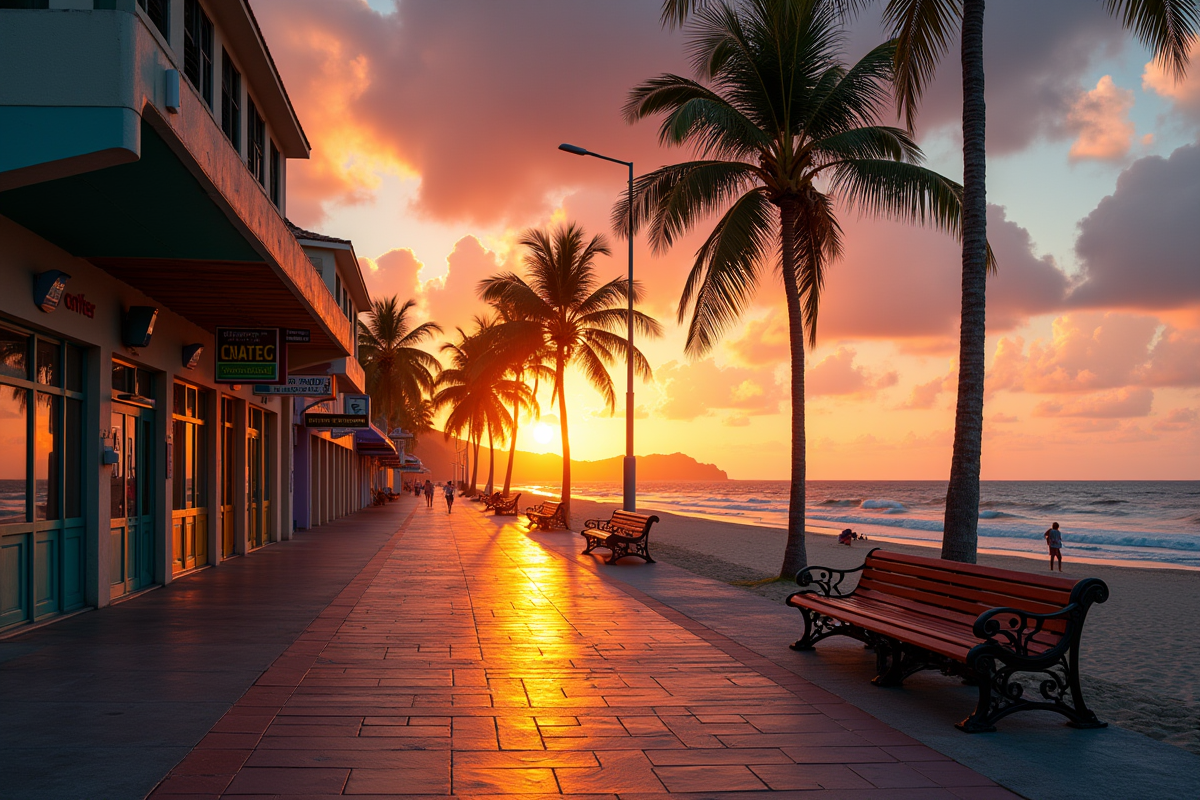 Promenade de plage animée au coucher du soleil à La Réunion