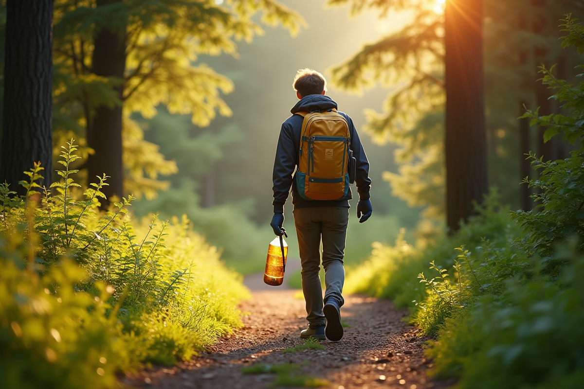 Voyageur seul nettoyant la foret avec bouteille reutilisable