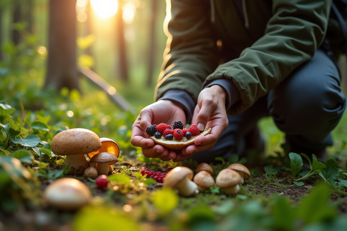 Randonneur cueillant des champignons dans une forêt verdoyante
