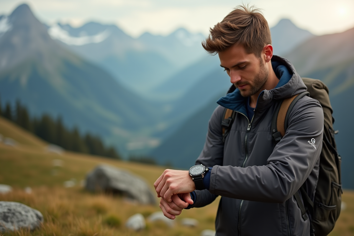 Jeune randonneur ajustant sa montre Alpina dans un paysage alpin
