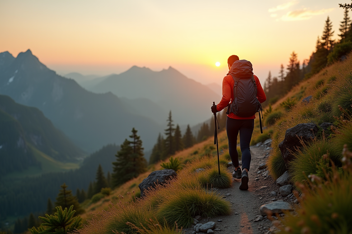 Randonneur déterminé gravissant un sentier de montagne au lever du soleil