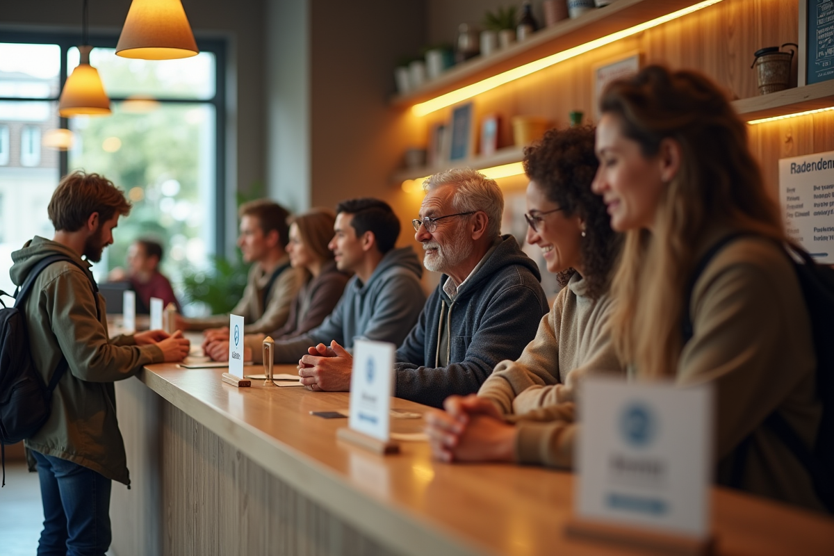 Accueil convivial dans une auberge avec voyageurs jeunes et un voyageur plus âgé regardant une affiche