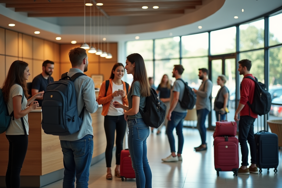 Jeune groupe d voyageurs à la réception d'auberge moderne