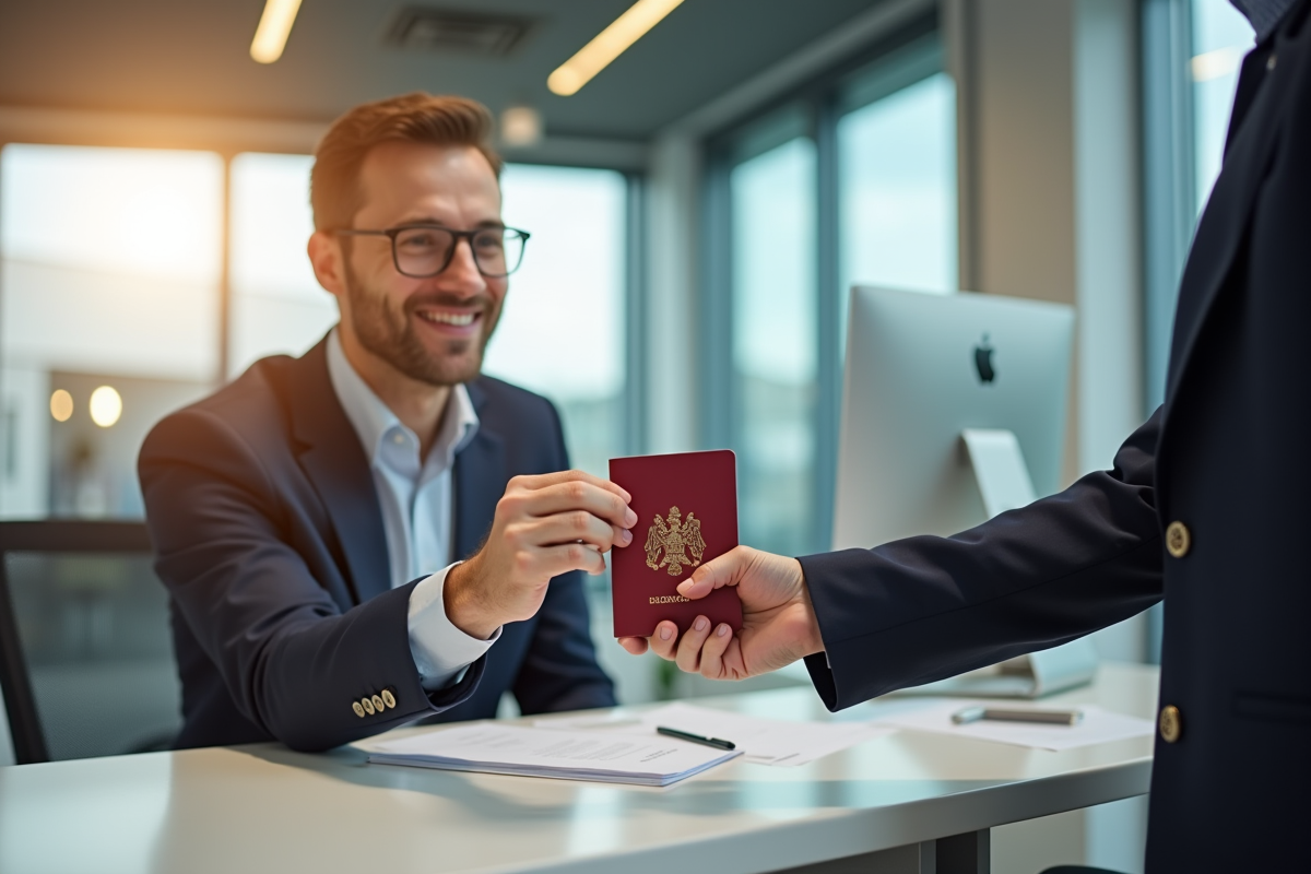 Citoyen belge souriant remettant un ancien passeport à un agent