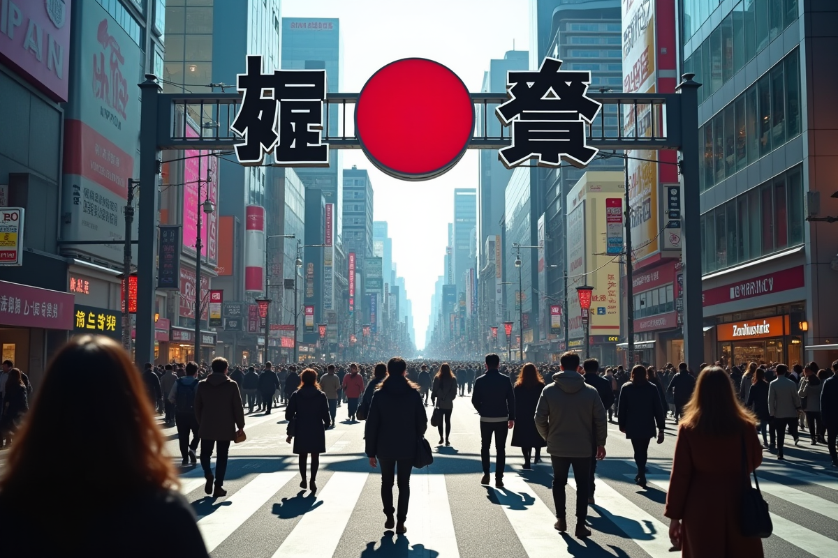 Rue animée de Tokyo avec panneau Nippon lumineux