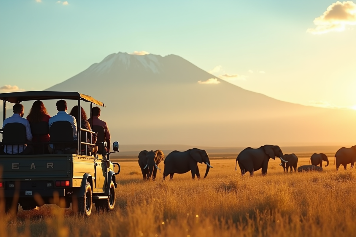 Groupe de touristes observant des éléphants au lever du soleil