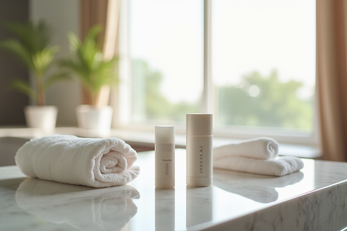 Salle de bain moderne avec produits de voyage et serviette blanche