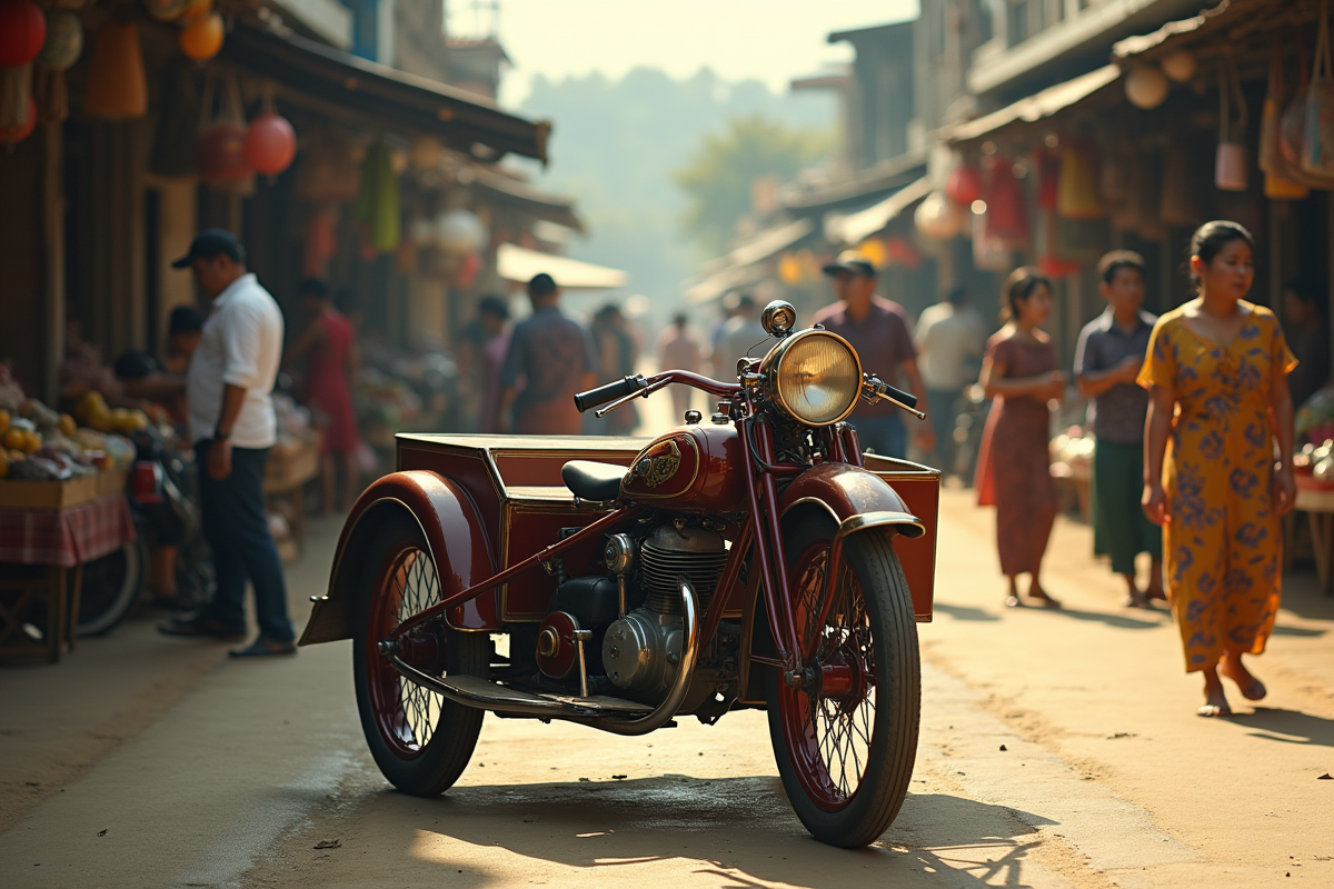 Scène de rue philippine vintage avec tricycle ancien et marché