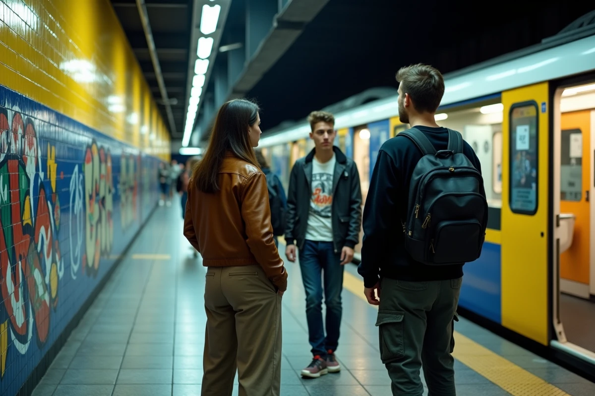 Station de métro berlinoise la nuit avec des voyageurs locaux attendant sur le quai aux carreaux colorés typiques