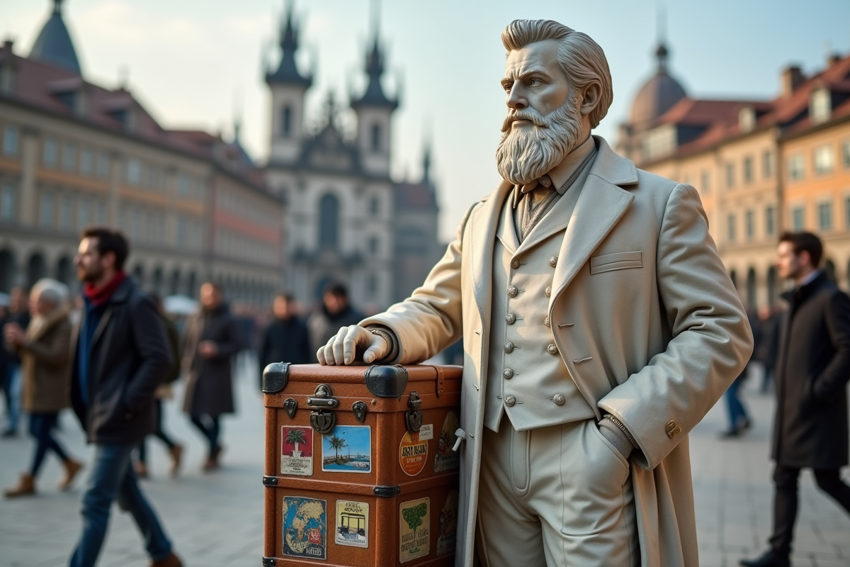 Statue en marbre d un voyageur victorien dans une place urbaine