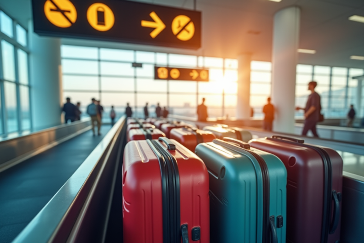 Ligne de valises colorées sur un tapis roulant à l