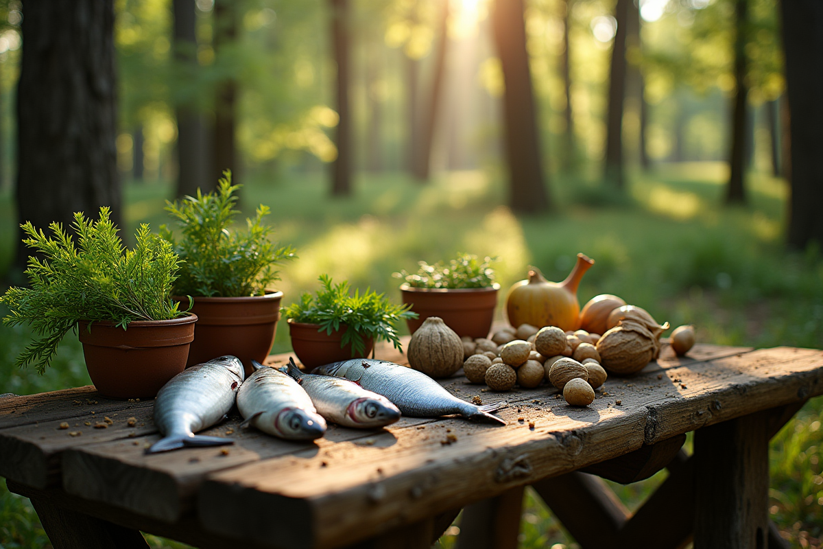 Table en bois avec poissons frais et herbes sauvages en forêt