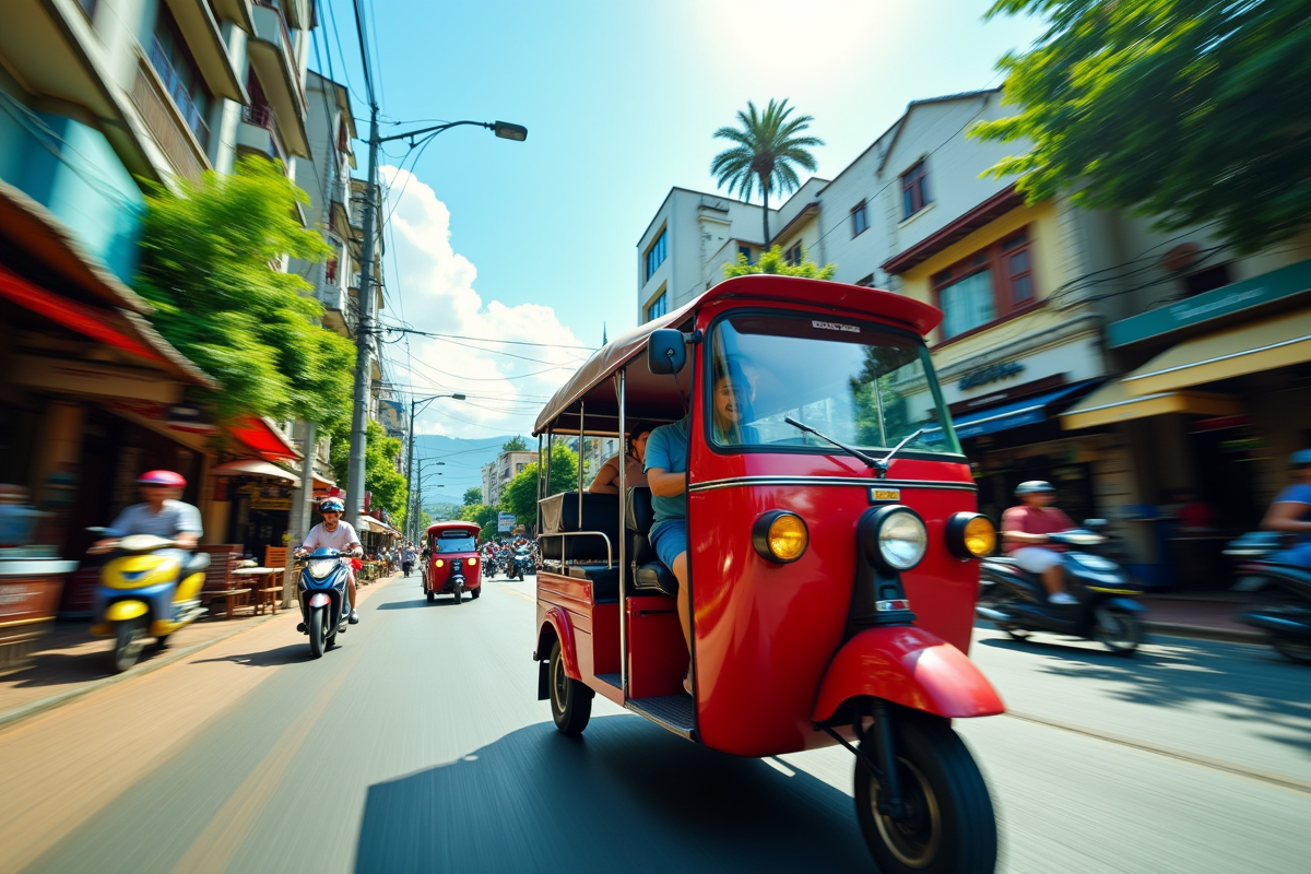 Tuk tuk rouge vif roulant dans une rue animée de Phuket