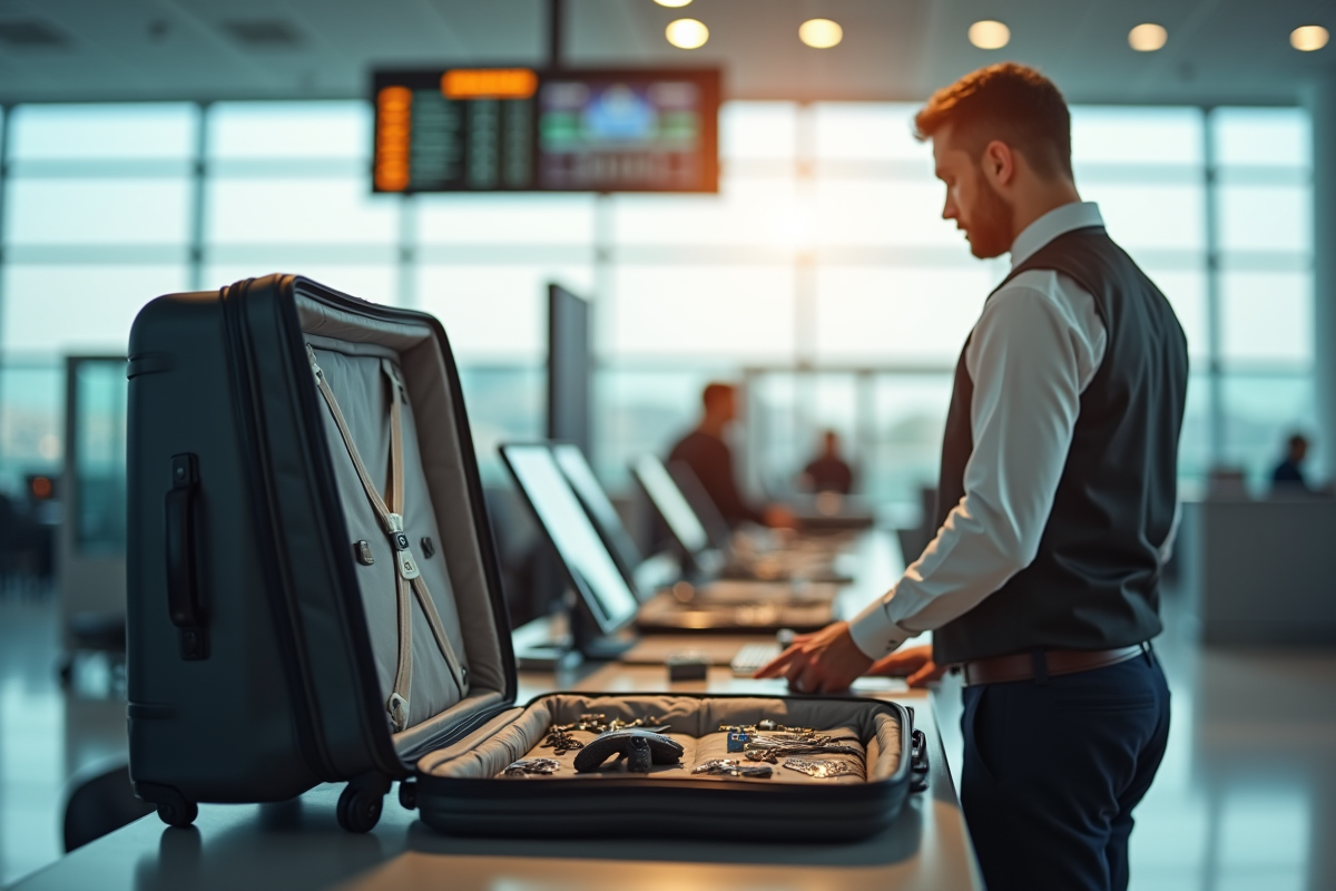 Valise ouverte au comptoir de l'aéroport avec un agent de sécurité inspectant des objets inhabituels