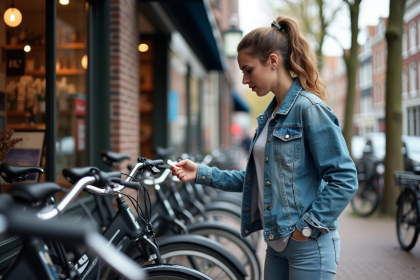 Femme néerlandaise examine un vélo en ville à Amsterdam