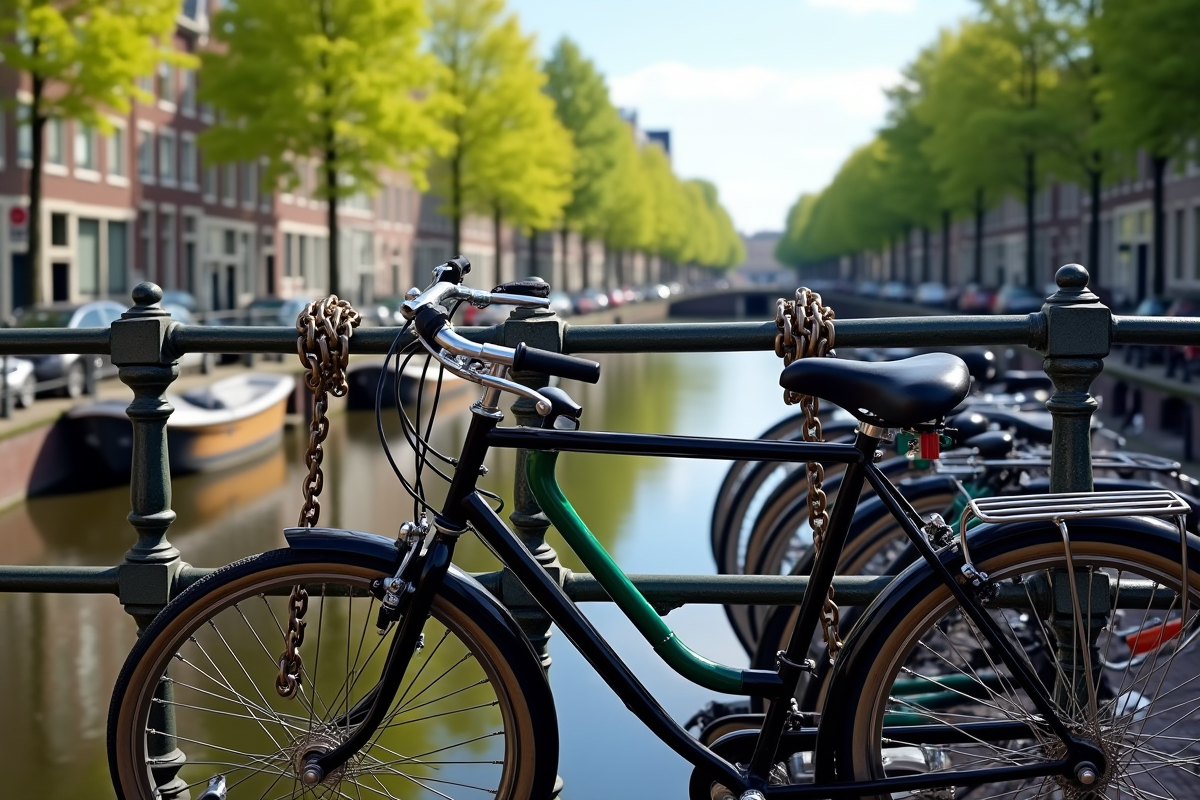 Vélos garés le long d'un canal à Amsterdam avec maisons hollandaises