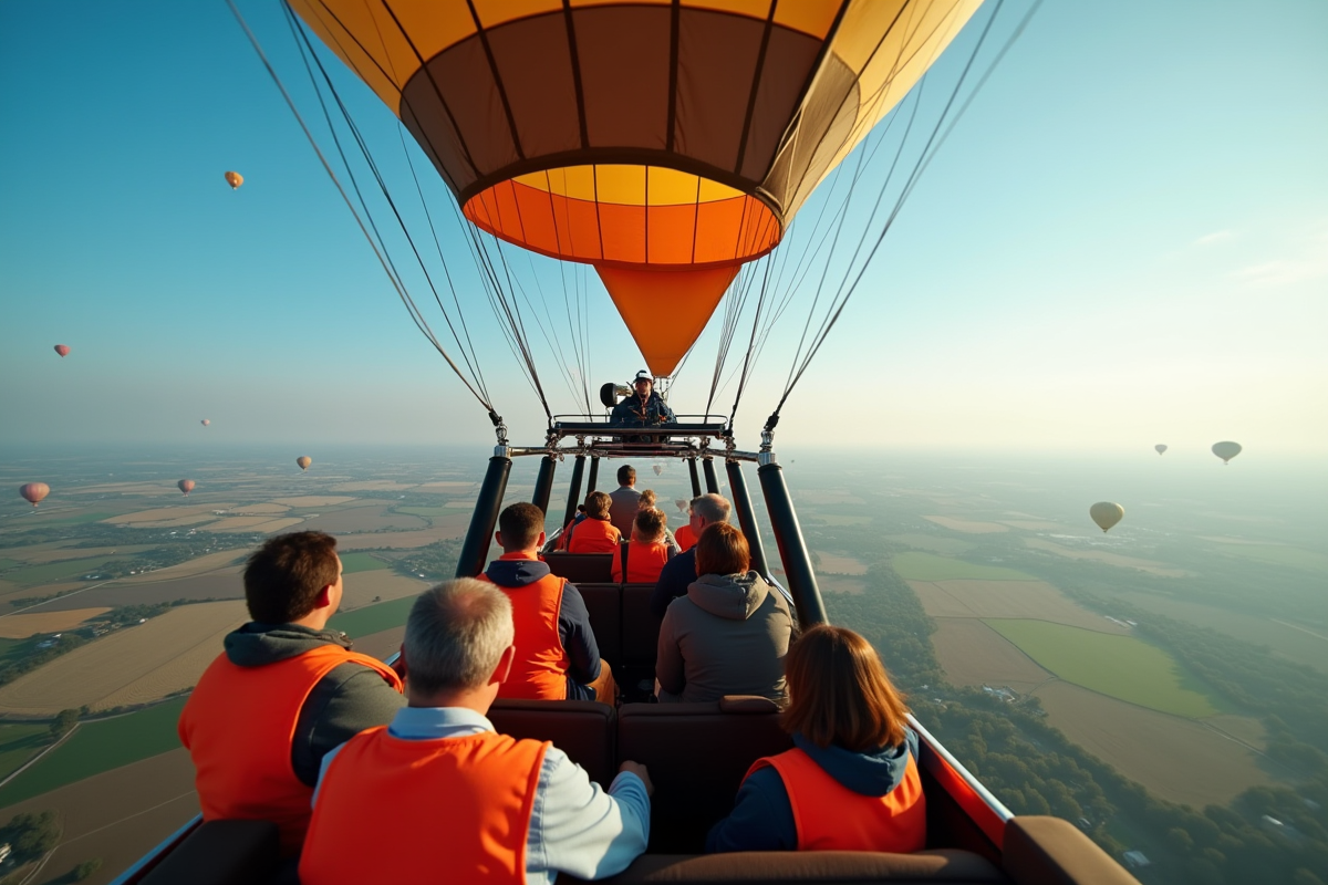 Passagers en montgolfière en vol avec vue sur la campagne