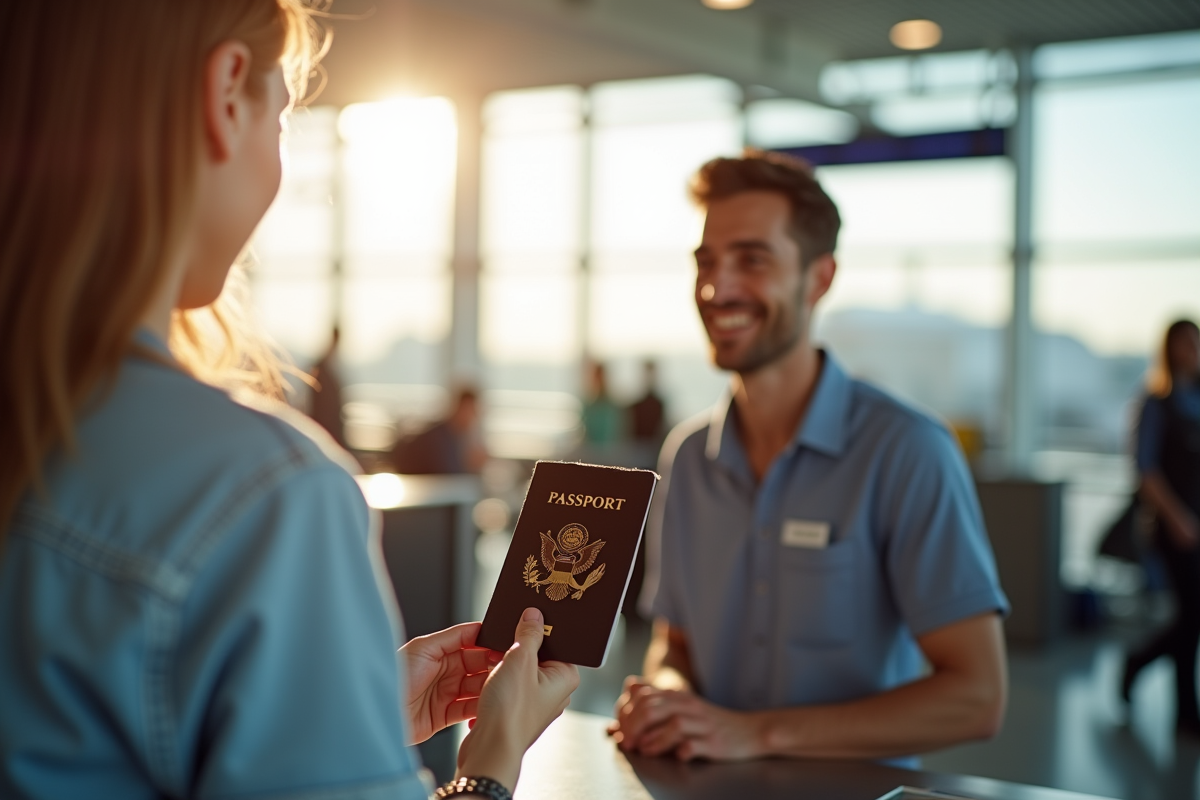 Voyageur à l'aéroport avec un passeport usé et un agent de compagnie aérienne