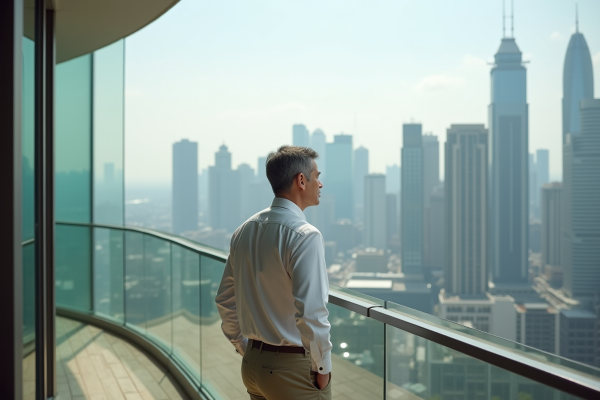 Homme voyageur regardant la skyline urbaine depuis un balcon