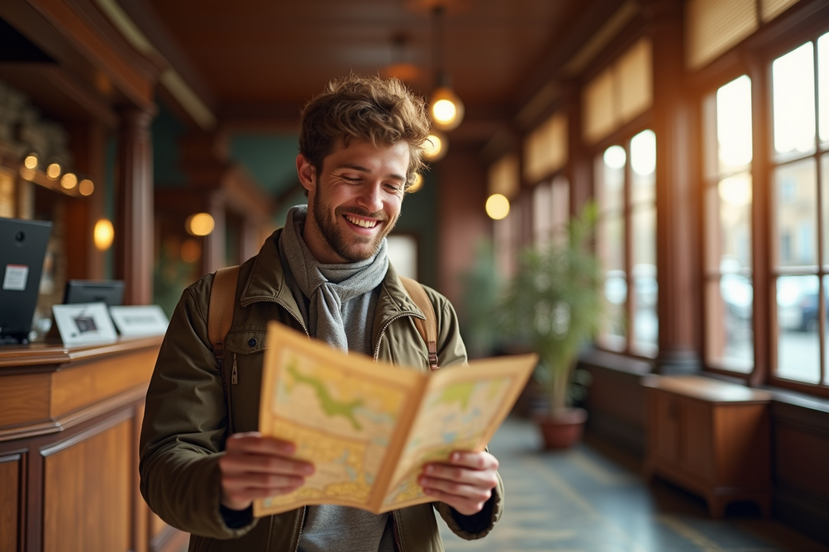 Voyageur souriant utilisant carte et smartphone dans un hôtel