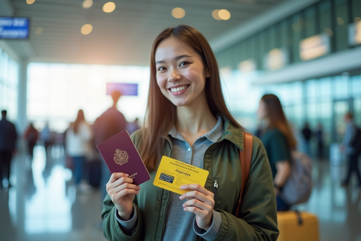 Voyageur souriant avec passeport et carte de vaccination à l'aéroport