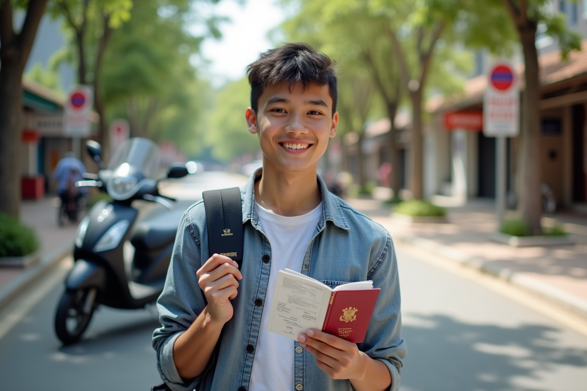 Jeune voyageur avec permis et passeport devant scooter en Thaïlande